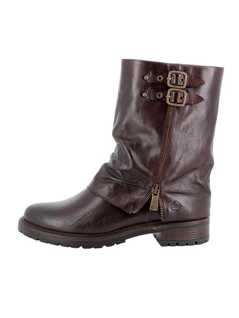 STIVALETTI TACCO BASSO IN PELLE CON FIBBIE DONNA MARRONE