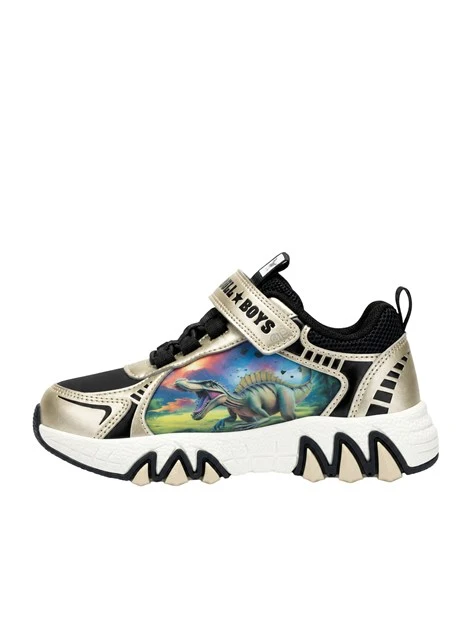 SNEAKERS BASSE CON STRAPPO E STAMPA DINOSAURO BAMBINO ORO