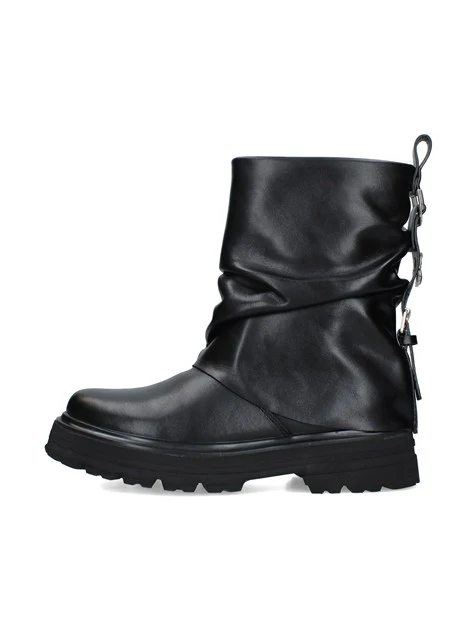 STIVALETTI TACCO BASSO CON GAMBALE ARRICCIATO E FIBBIE DONNA NERO