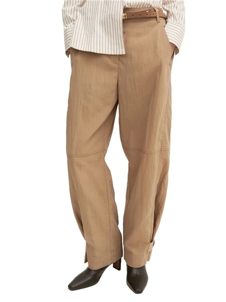 PANTALONI PALAZZO CON FINITURA CRINKLE E ALAMARO ALLA CAVIGLIA DONNA BEIGE