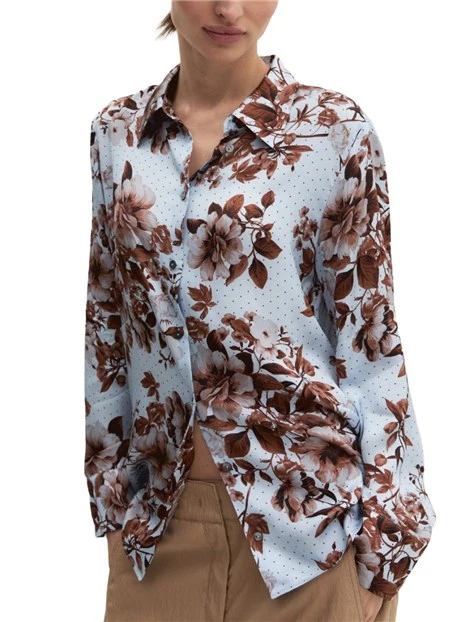 CAMICIA IN RASO DI VISCOSA CON FANTASIA FLOREALE E BOTTONI IN MADREPERLA DONNA AZZURRO