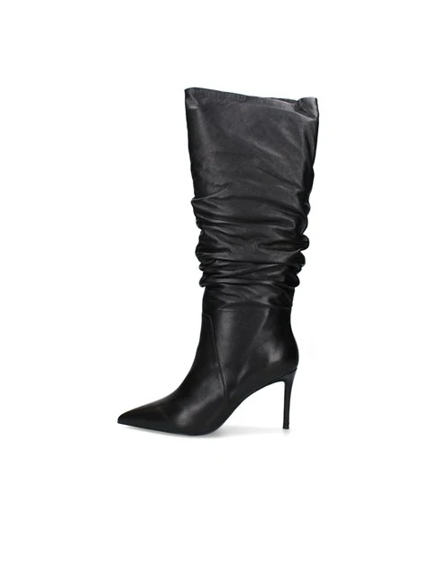 STIVALI TACCO ALTO IN PELLE CON GAMBALE ARRICCIATO DONNA NERO