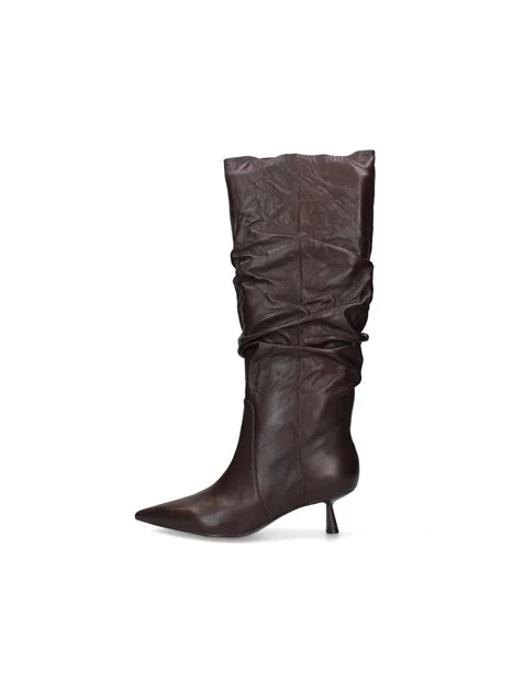 STIVALI TACCO ALTO IN PELLE CON GAMBALE ARRICCIATO DONNA MARRONE