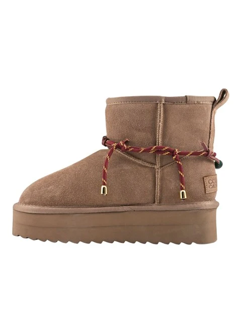 STIVALETTI TACCO BASSO PLATFORM IN PELLE SCAMOSCIATA CON PERLE E NAPPA DONNA TORTORA