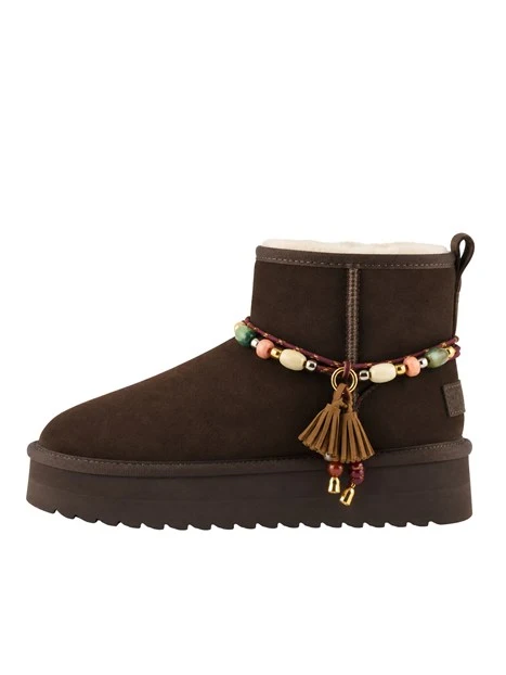 STIVALETTI TACCO BASSO PLATFORM IN PELLE SCAMOSCIATA CON PERLE E NAPPA DONNA MARRONE