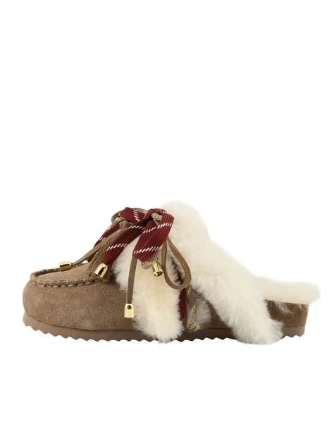 SABOT IN PELLE SCAMOSCIATA CON ECOPELLICCIA E LACCI DONNA BEIGE