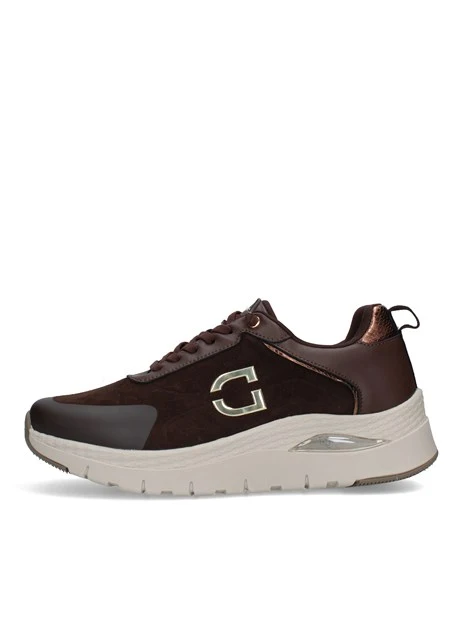 SNEAKERS BASSE IN PELLE E TESSUTO CON LOGO LATERALE DONNA MARRONE