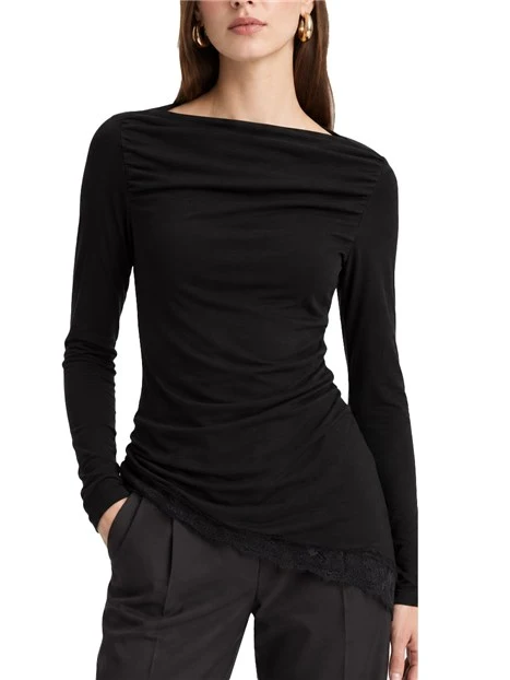 T-SHIRT MANICA LUNGA CON PIZZO CHANTILLY DONNA NERO