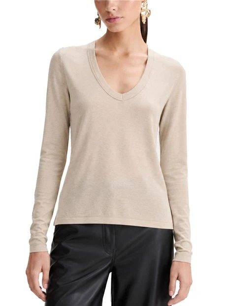 T-SHIRT MANICA LUNGA ADERENTE IN LYOCELL E LANA CON SCOLLO A V DONNA BEIGE