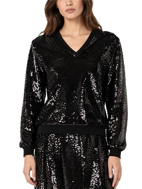 BLUSA CON PAILLETTES E SCOLLO A V DONNA NERO