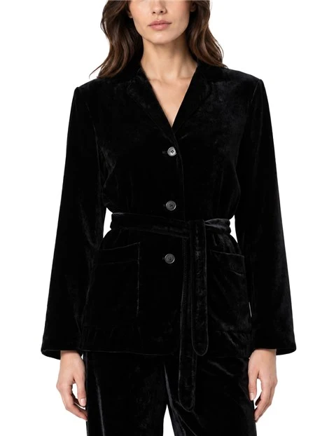 BLAZER MONOPETTO IN VELLUTO CON CINTURA DONNA NERO