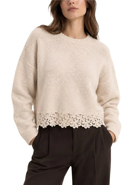 MAGLIA GIROCOLLO MODELLO BOXY CON INSERTO IN PIZZO DONNA AVORIO