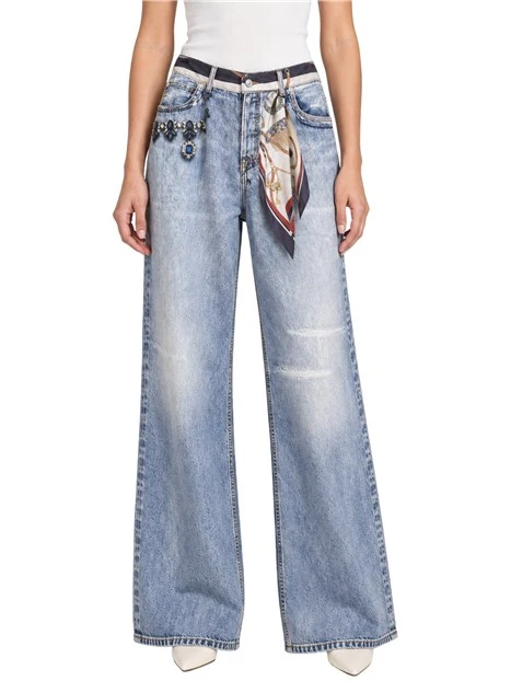 JEANS A ZAMPA 5 TASCHE CON FANTASIA STAMPATA DONNA BLU
