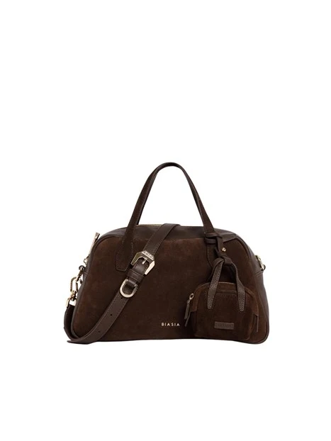 BORSA A SPALLA IN CAMOSCIO CON MANICI IN PELLE LISCIA DONNA MARRONE
