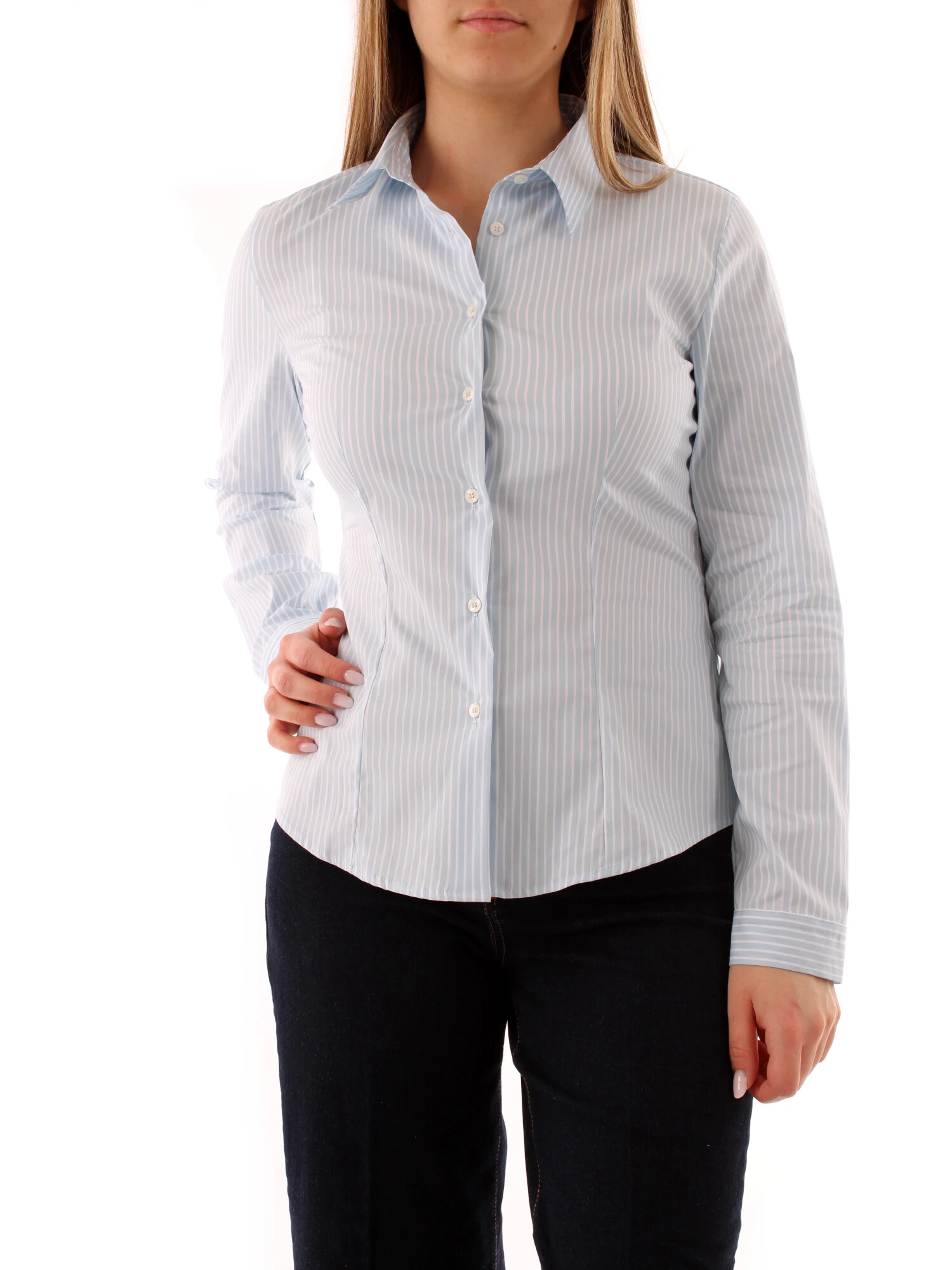 CAMICIA ADERENTE A RIGHE DONNA AZZURRO