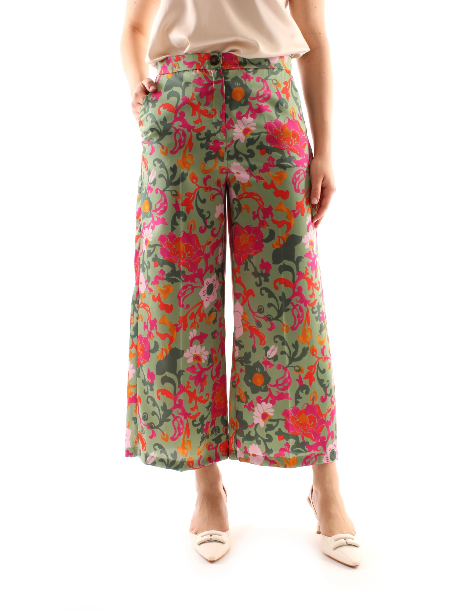 PANTALONI CROPPED FLOREALE A GAMBA LARGA DONNA VERDE