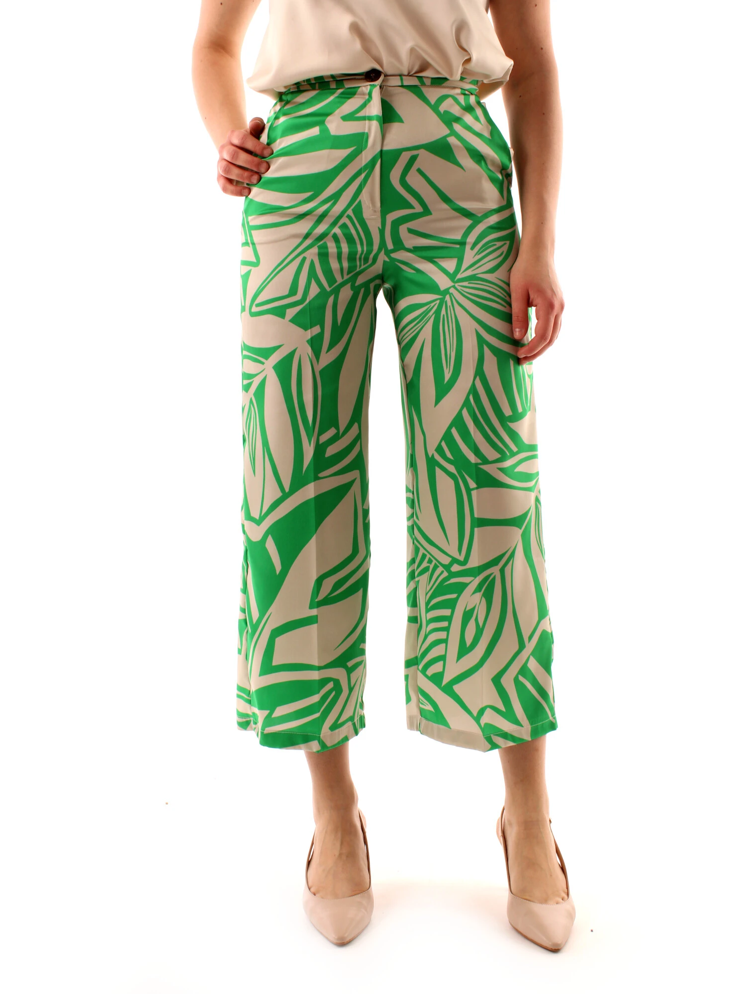 PANTALONI CROPPED A FANTASIA FLOREALE DONNA VERDE