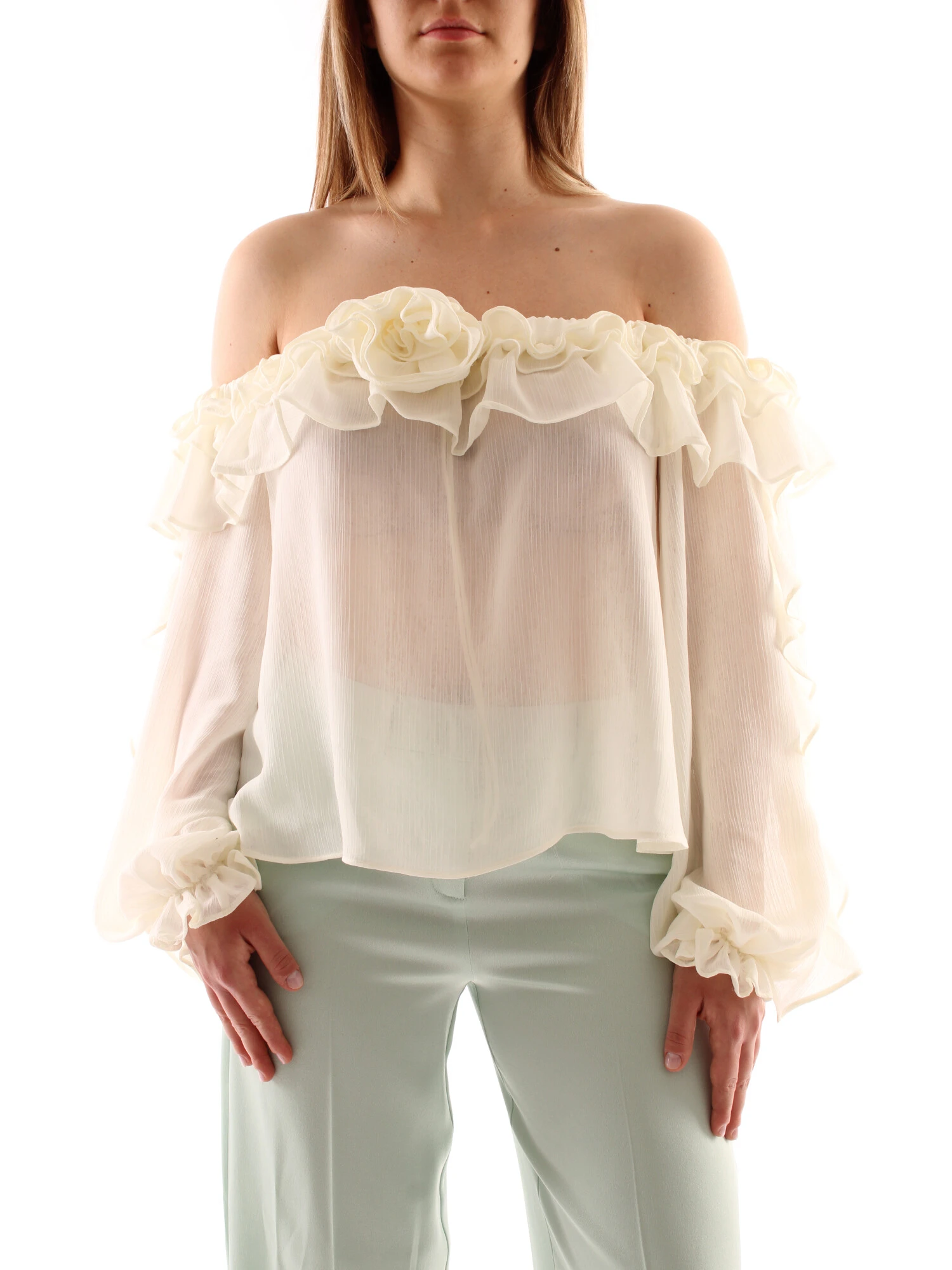 BLUSA IN GEORGETTE CON RUCHE DONNA BIANCO BURRO