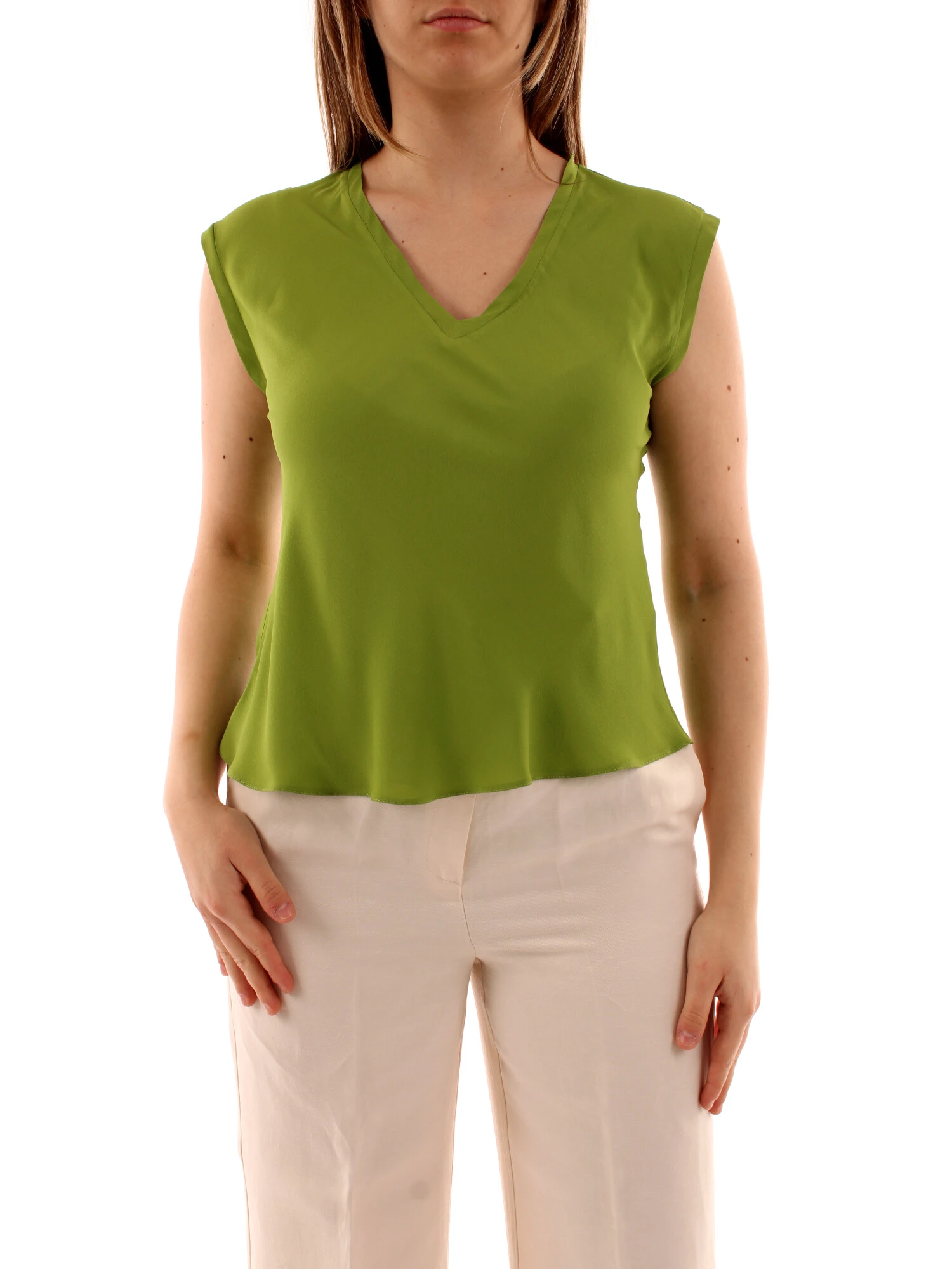 TOP CON SCOLLO A V IN MISTO SETA DONNA VERDE