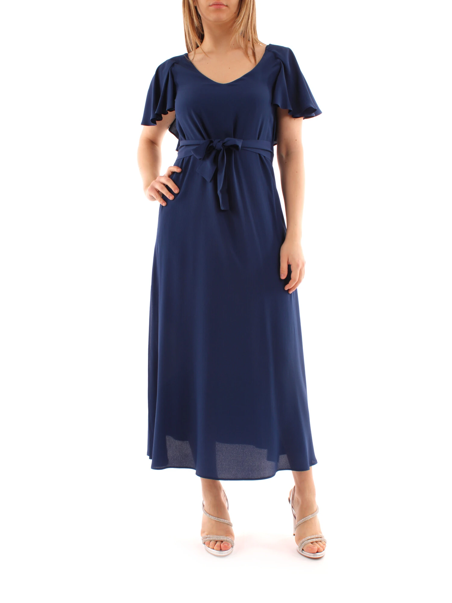 Abito Lungo Estivo Donna A Balze, Maniche Corte, Girocollo, Con Tasche, Morbido In Cotone E Poliestere