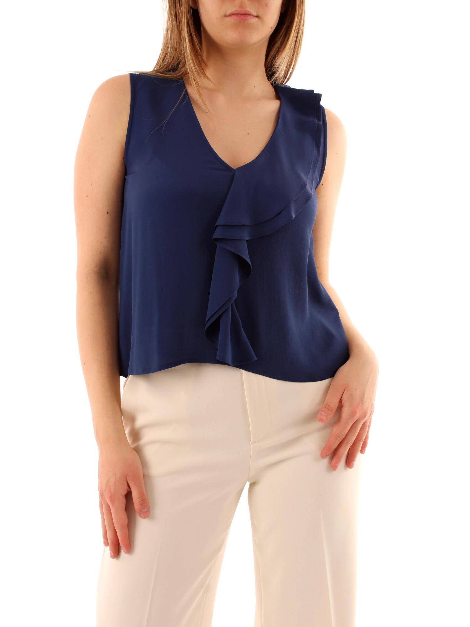 TOP IN MISTO SETA CON VOLANT DONNA BLU