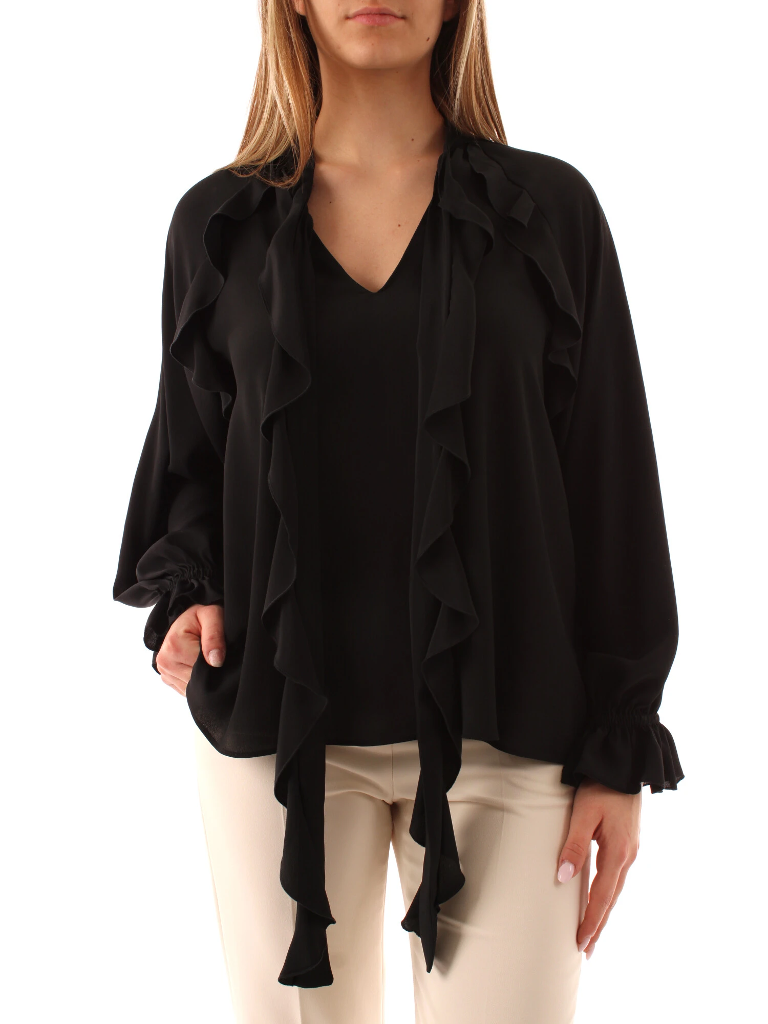 BLUSA CON VOLANT DONNA NERO