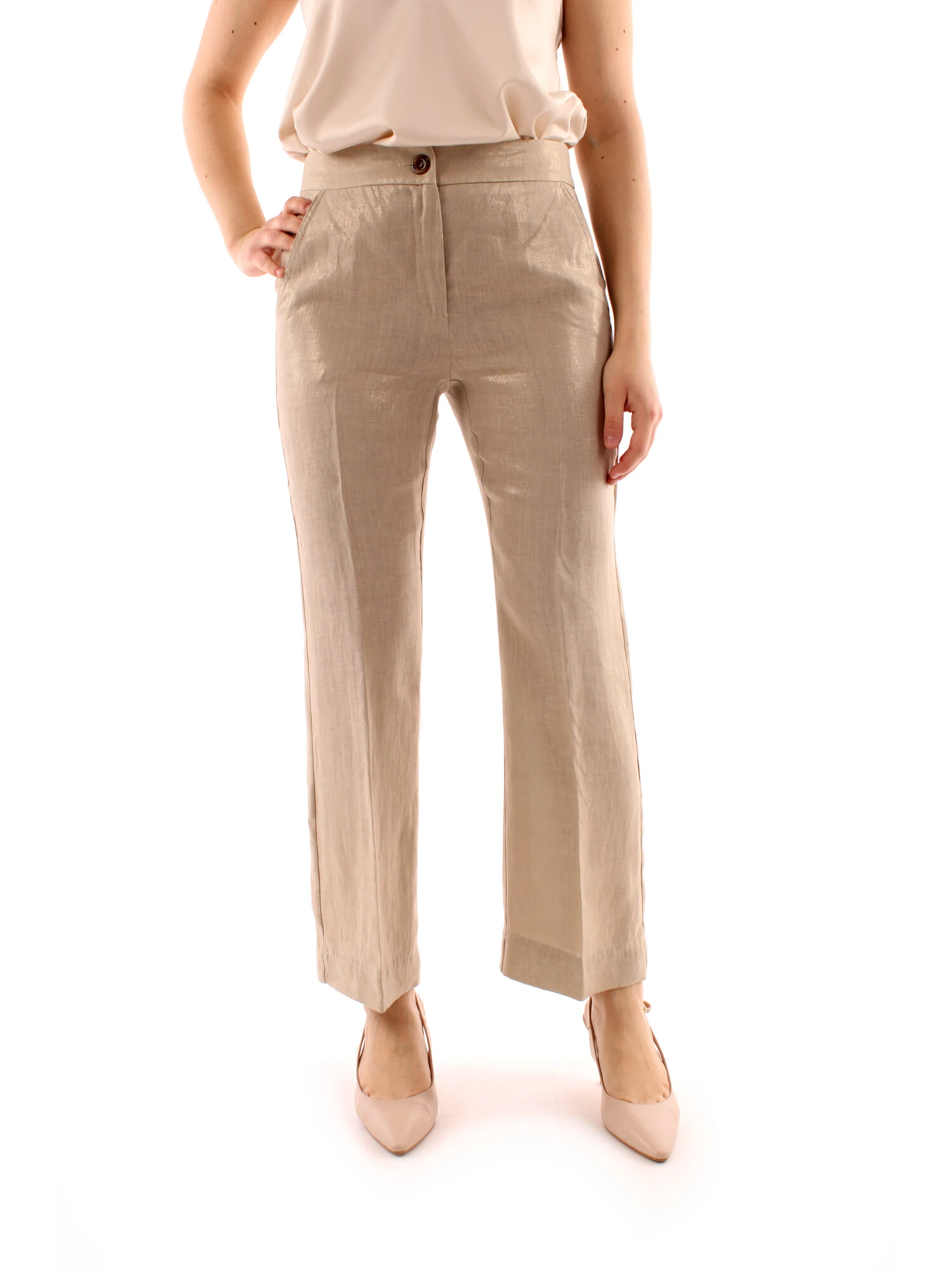 PANTALONI A ZAMPA IN LINO LAMINATO DONNA BEIGE