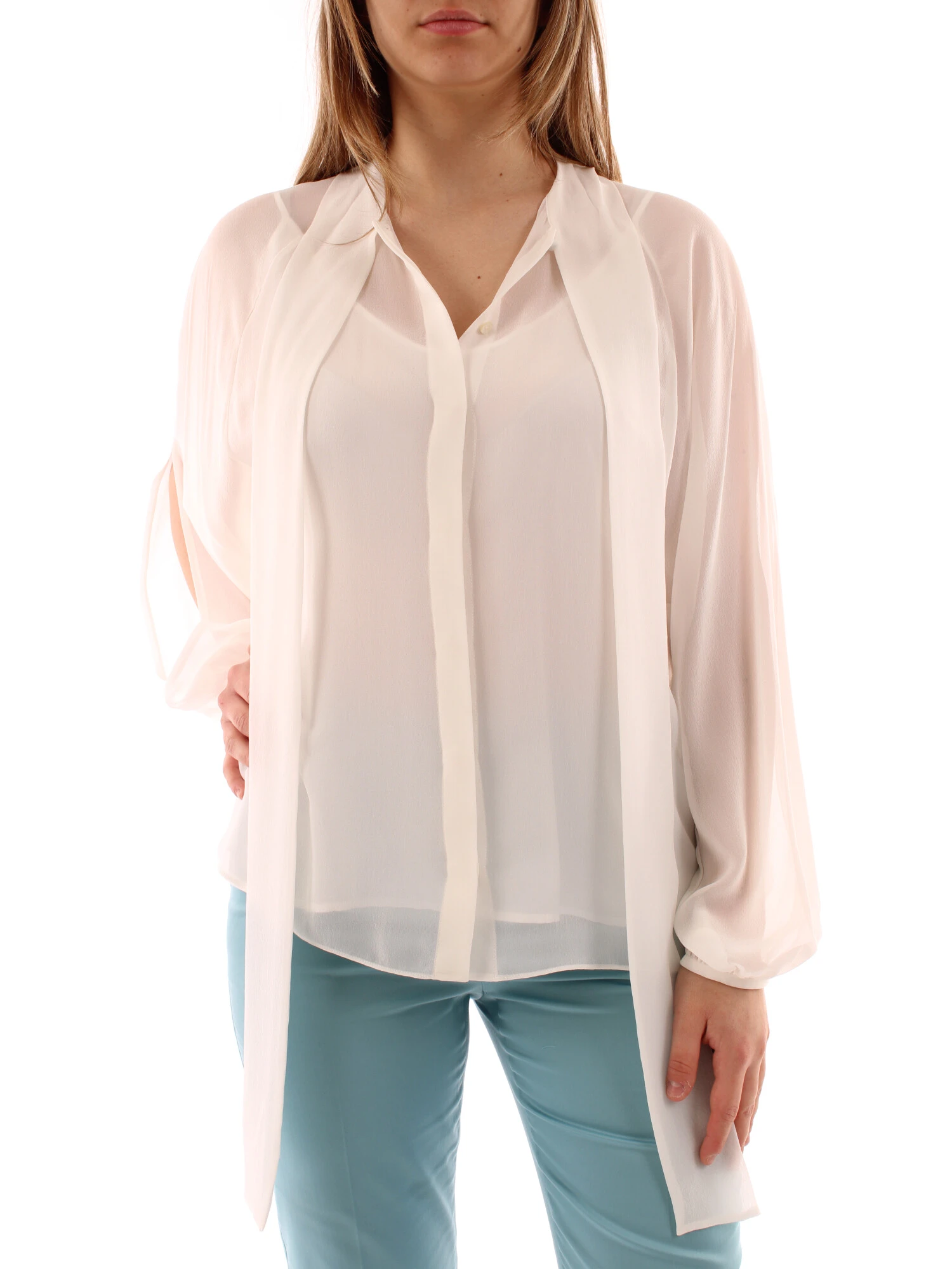 BLUSA IN PURA SETA CON FIOCCO DONNA BIANCO