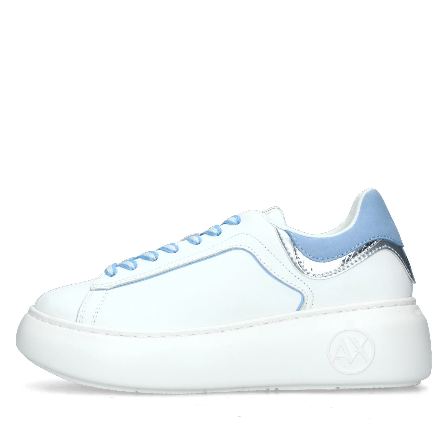 SNEAKERS PLATFORM CON INSERTO ARGENTO EFFETTO PITONE DONNA BIANCO AZZURRO