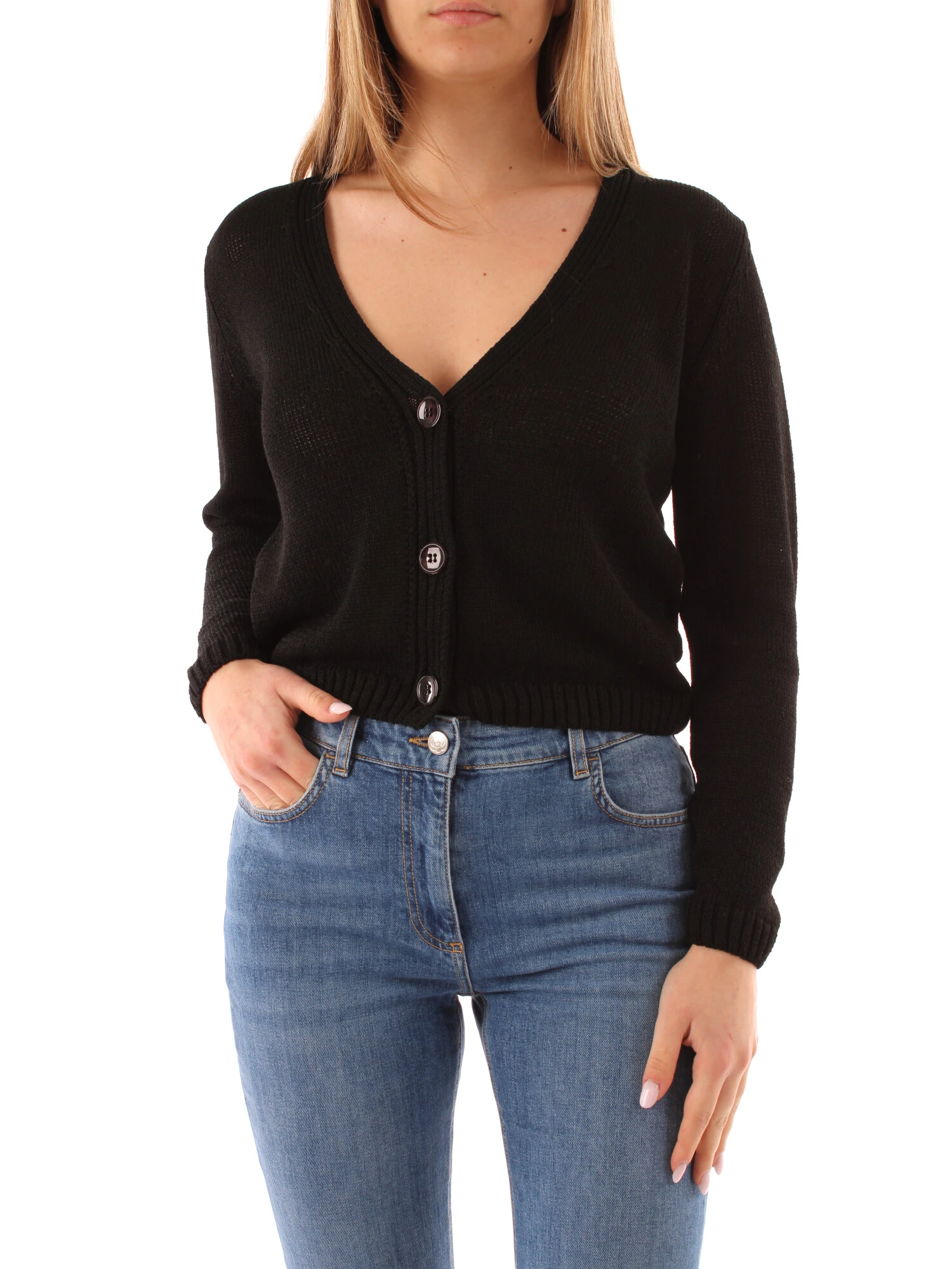 CARDIGAN IN FILATO CON SCOLLO A V DONNA NERO