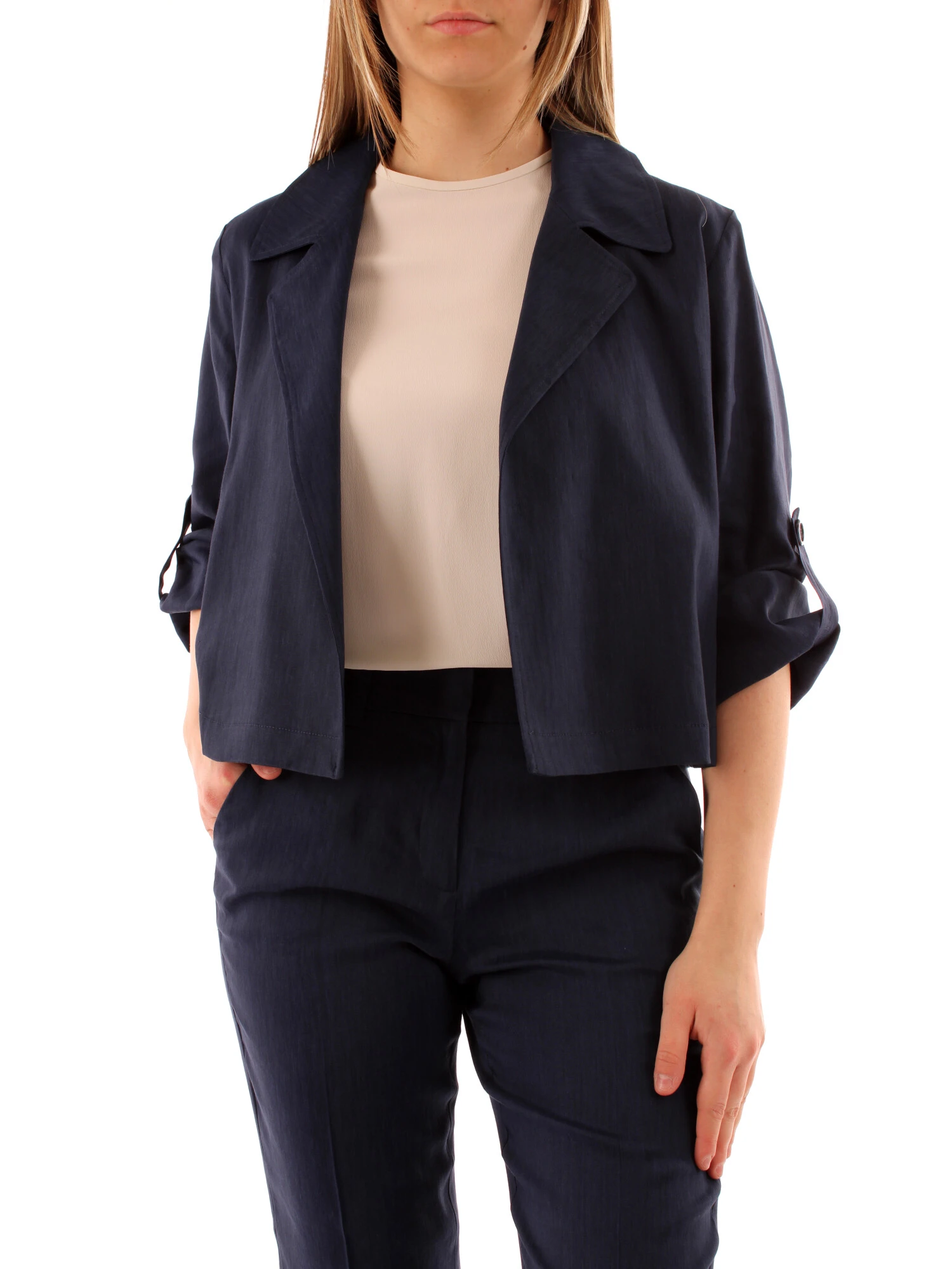 GIACCA BLAZER CORTA IN MISTO LINO DONNA BLU NOTTE