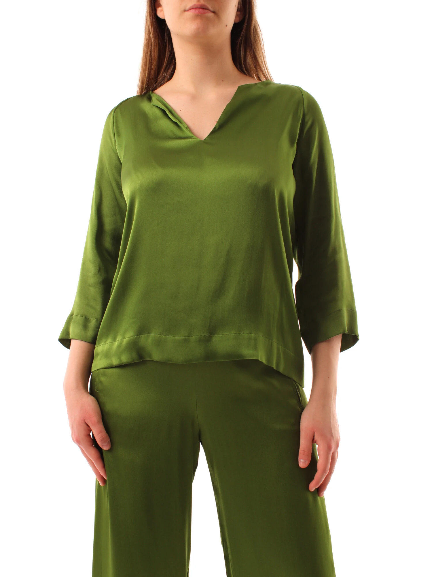 BLUSA CON SCOLLO A V IN PURA SETA DONNA VERDE