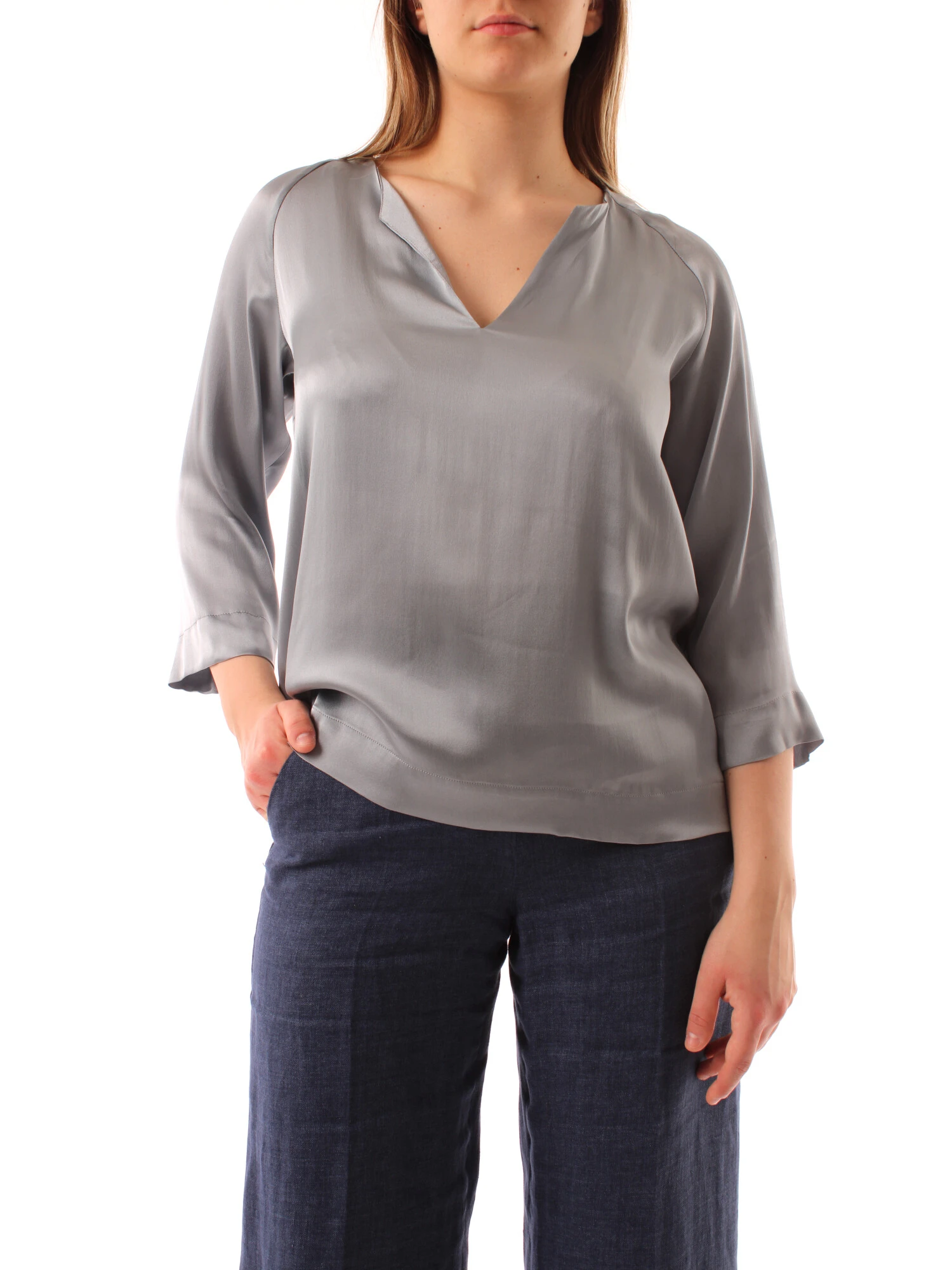 BLUSA CON SCOLLO A V IN PURA SETA DONNA GRIGIO