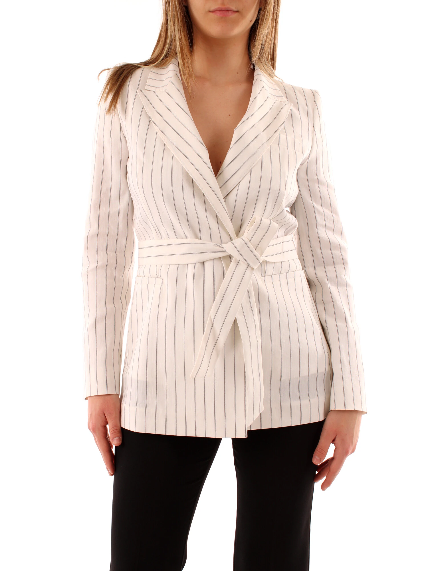 GIACCA BLAZER GESSATA CON CINTURA DONNA BIANCO