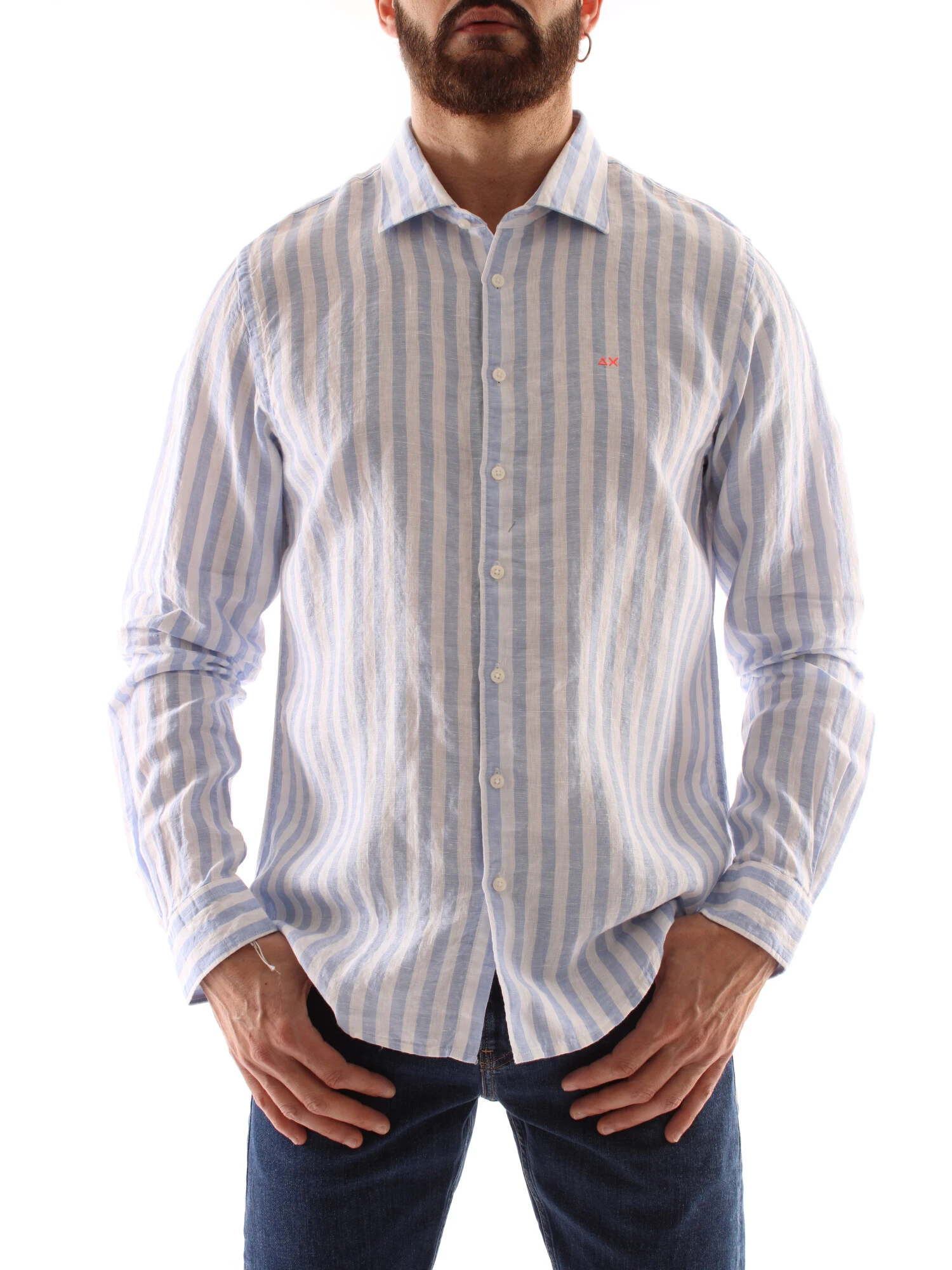 CAMICIA A RIGHE IN PURO LINO UOMO AZZURRO