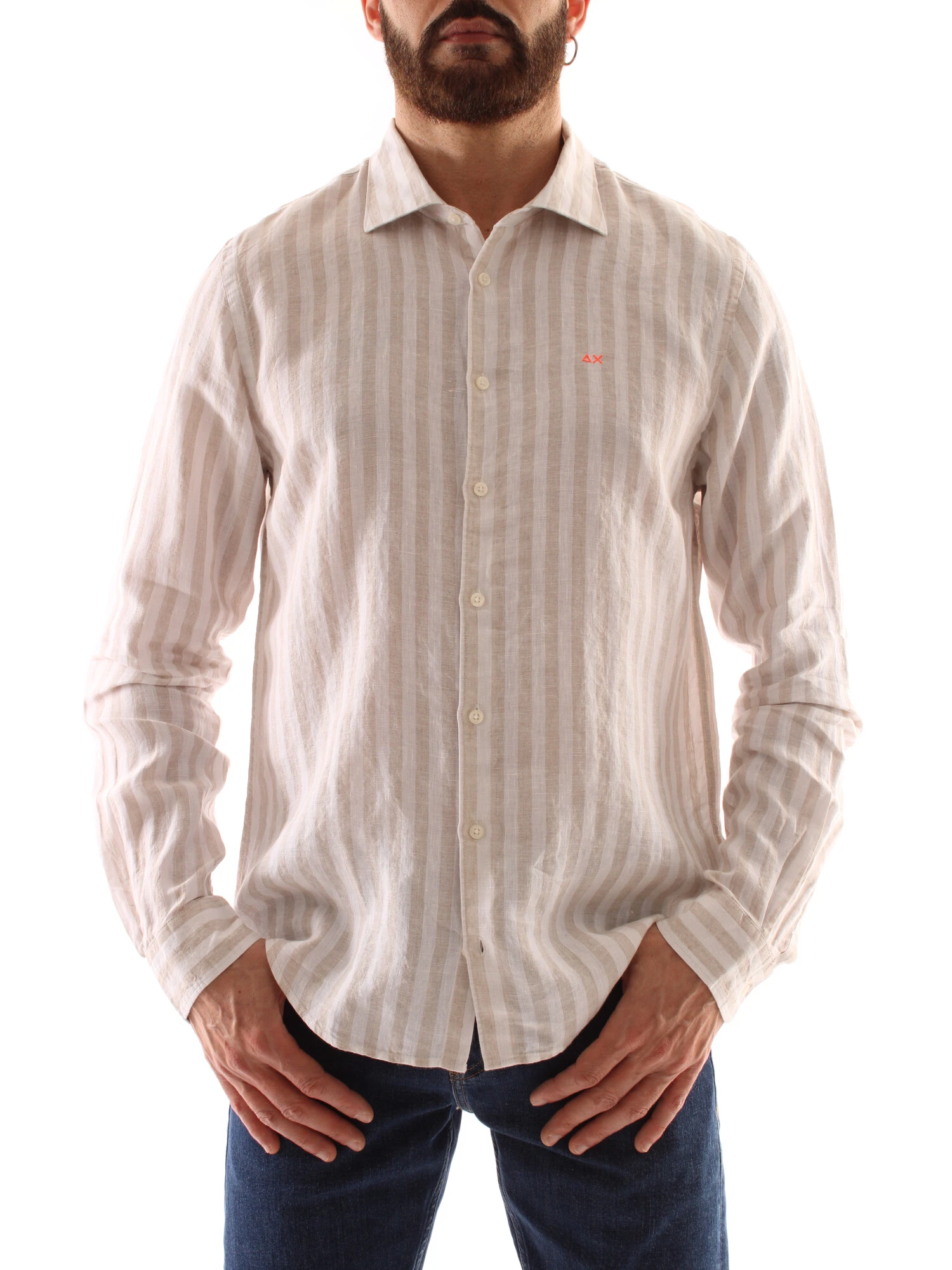 CAMICIA A RIGHE IN PURO LINO UOMO BEIGE