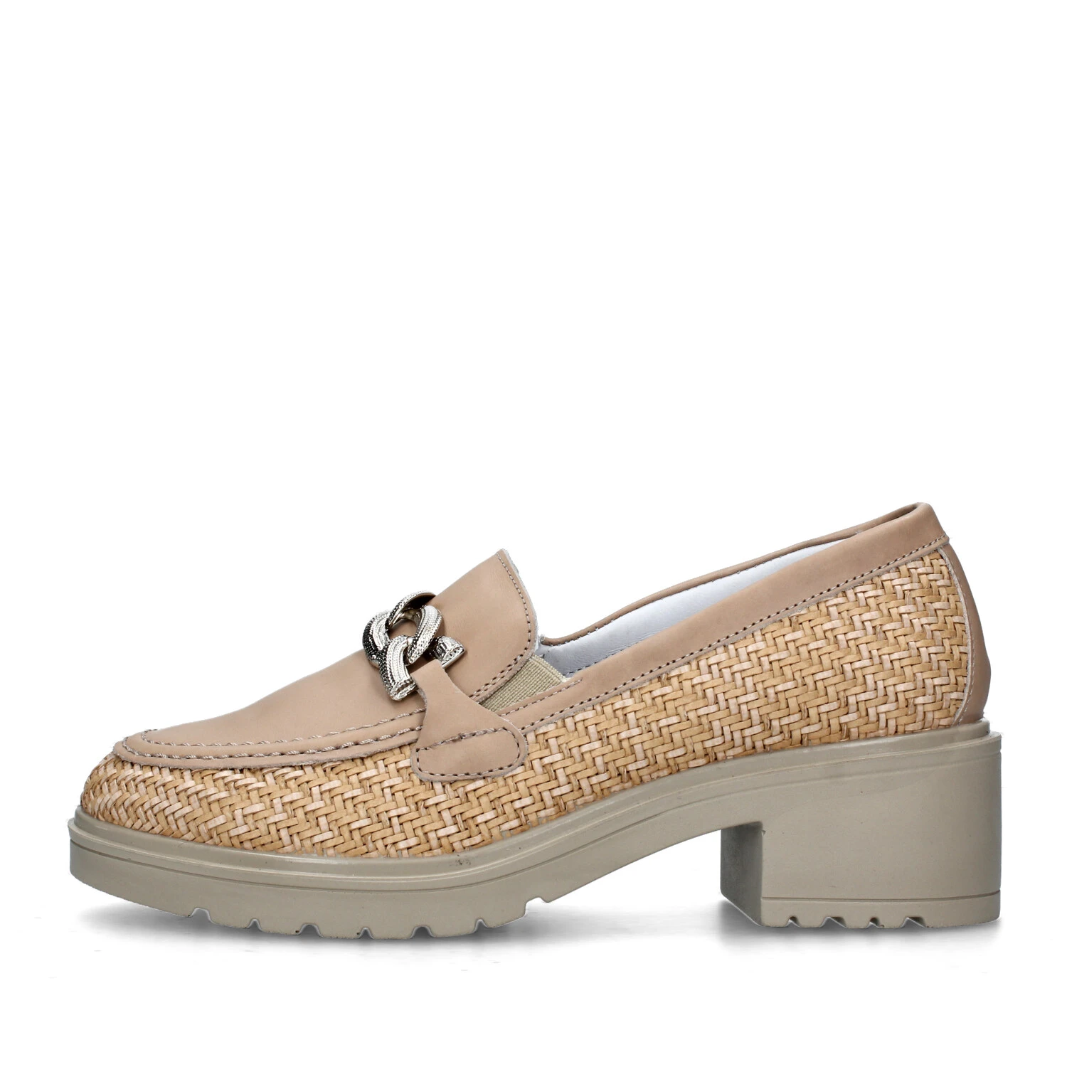 MOCASSINI CON TACCO E CATENA DONNA BEIGE