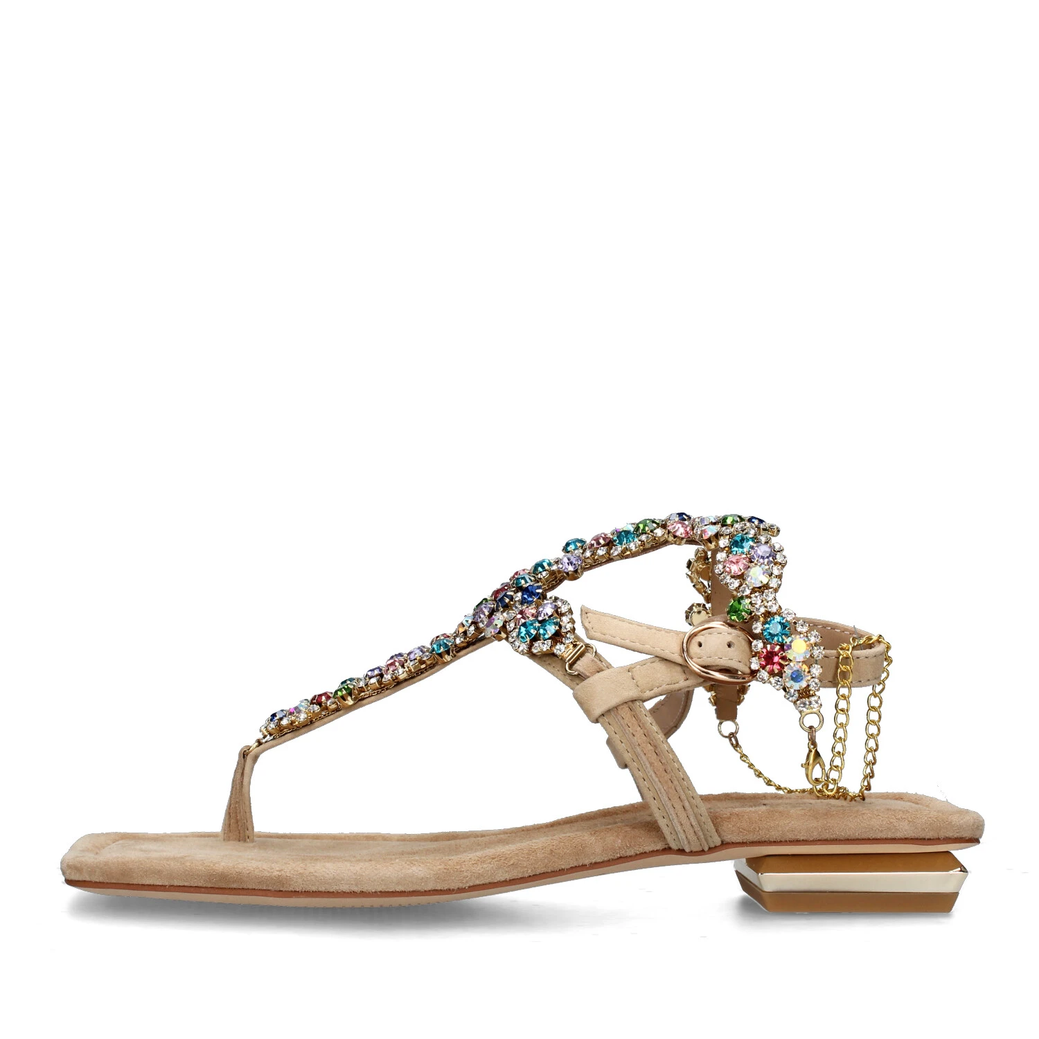 SANDALI TACCO BASSO CON STRASS MULTICOLORE E CATENINA DONNA BEIGE