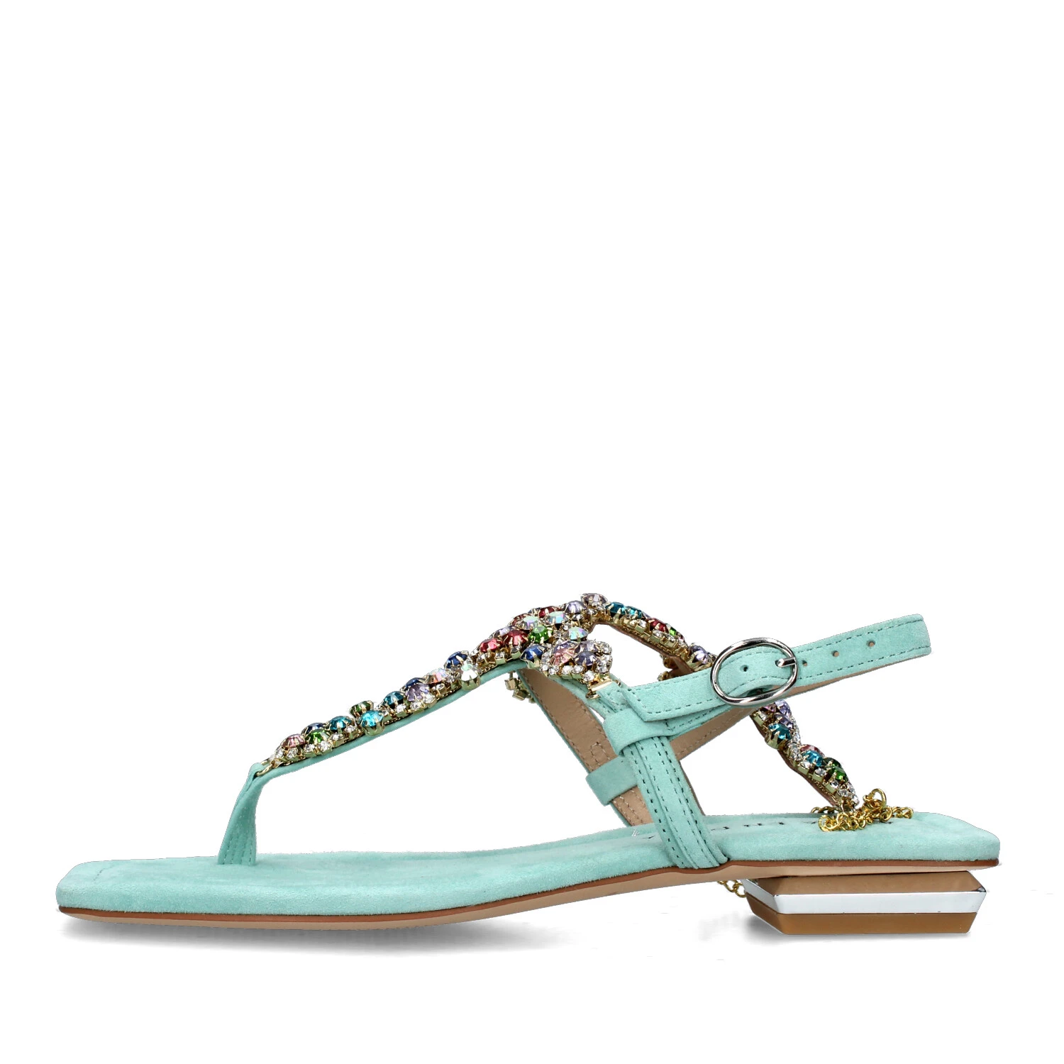 SANDALI TACCO BASSO CON STRASS MULTICOLORE E CATENINA DONNA VERDE