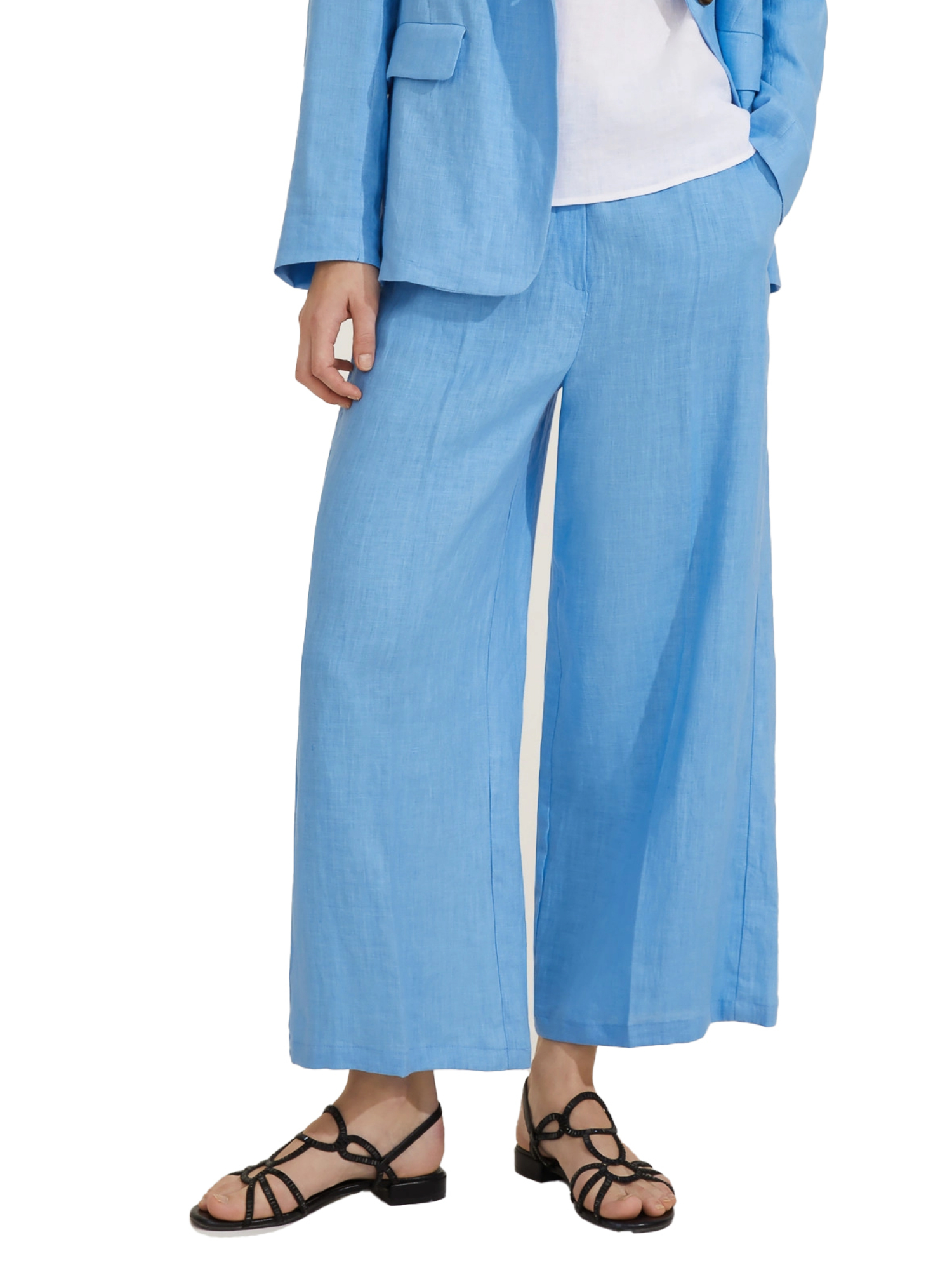 PANTALONI CROPPED DRITTI IN PURO LINO DONNA AZZURRO