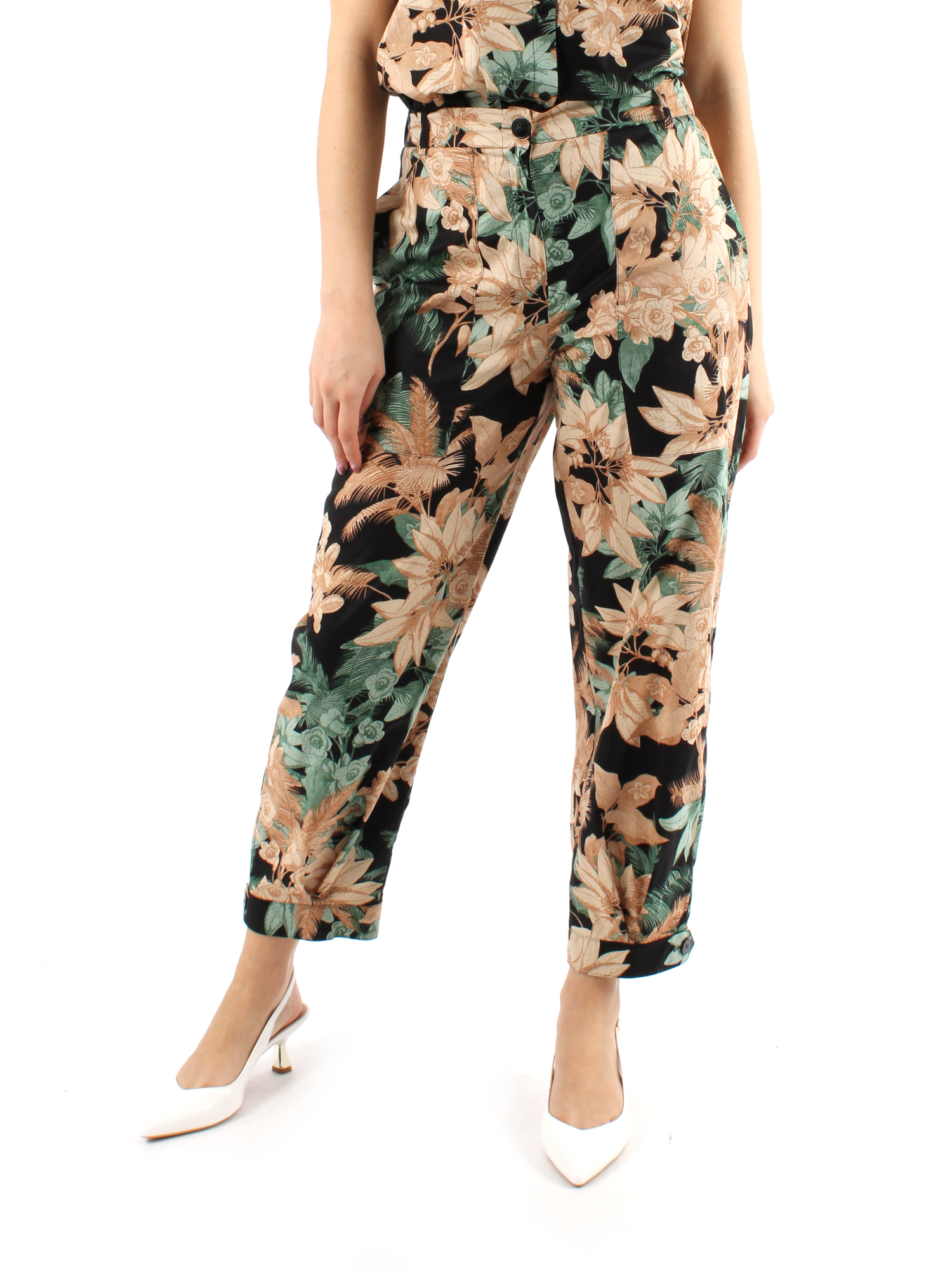 PANTALONI CROPPED A FANTASIA FLOREALE DONNA NERO