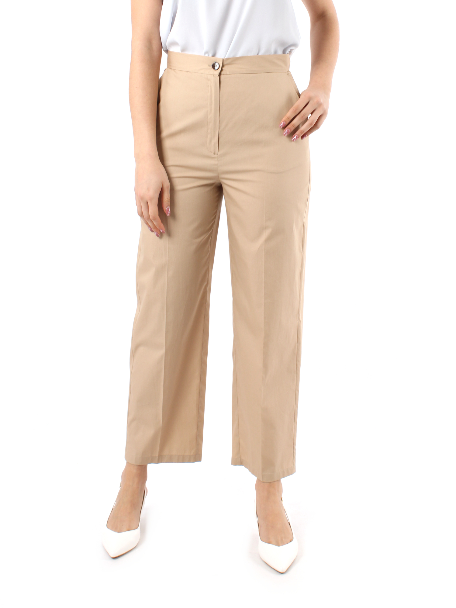 PANTALONE CROPPED DRITTO IN POPELINE DI COTONE DONNA BEIGE