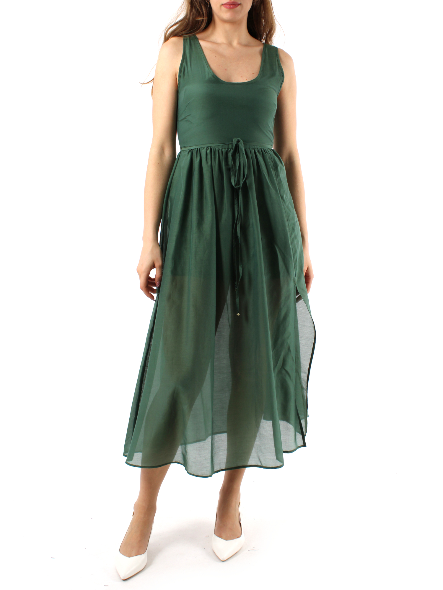 VESTITO LUNGO IN MUSSOLA DI COTONE E SETA DONNA VERDE