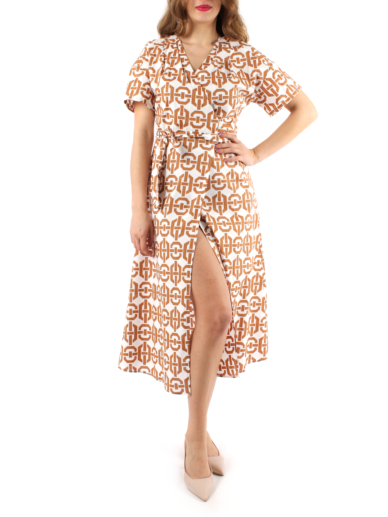 VESTITO LUNGO A FANTASIA IN POPELINE DI COTONE DONNA MARRONE