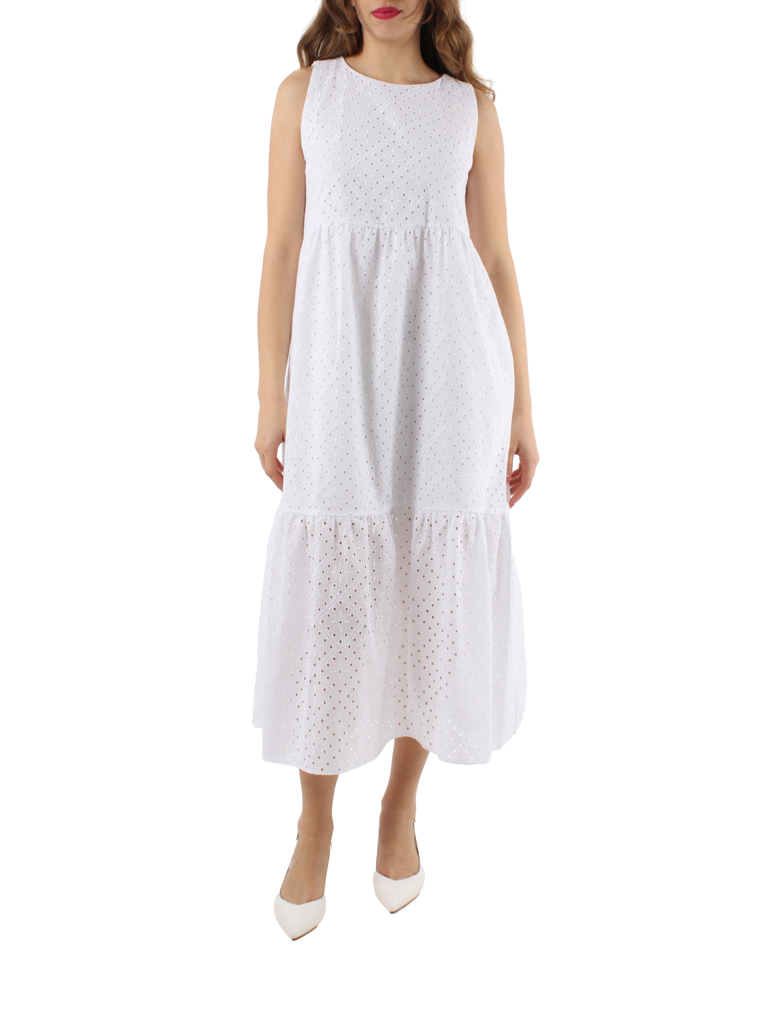 VESTITO LUNGO CON RICAMO SANGALLO DONNA BIANCO