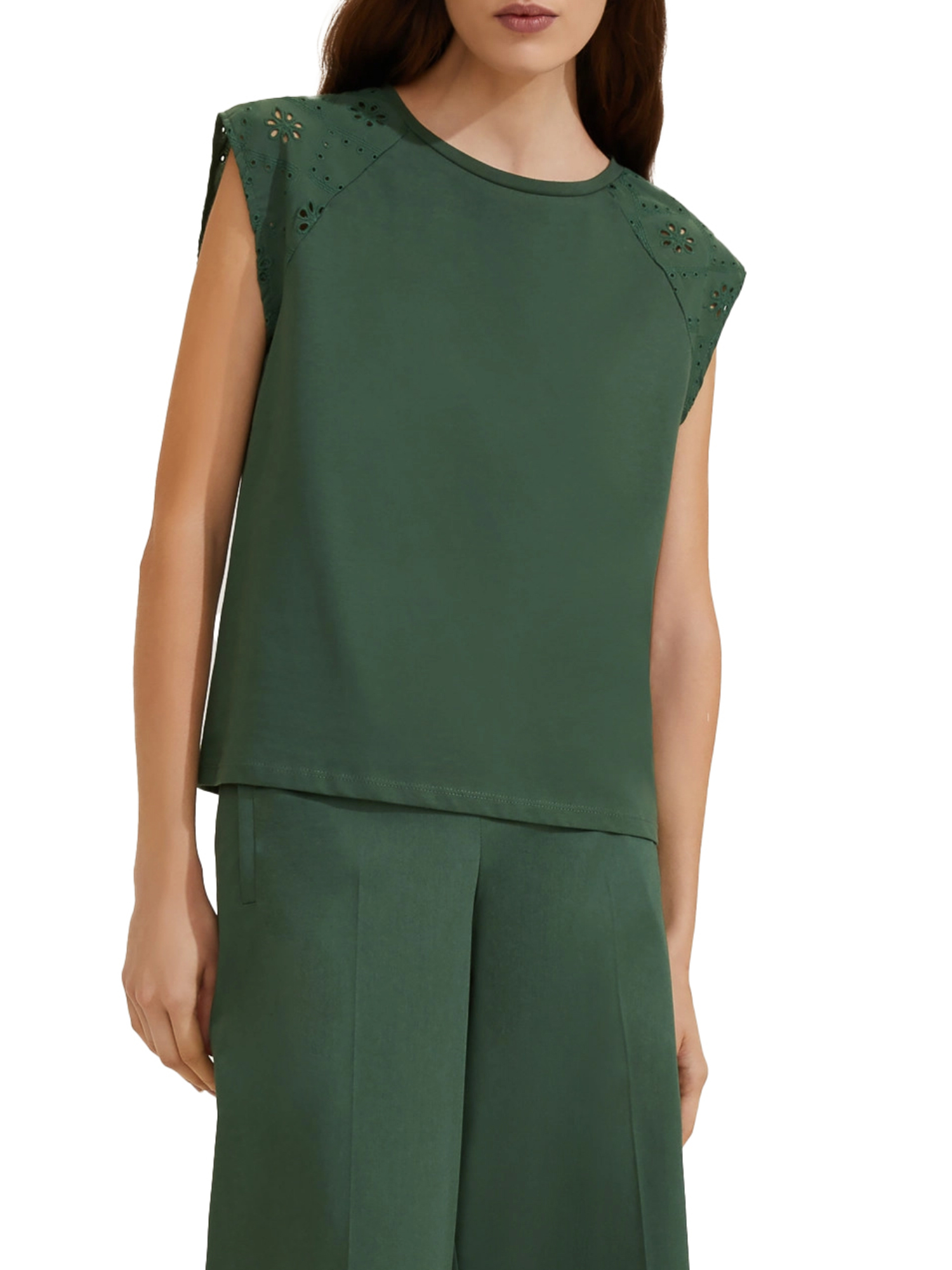 T-SHIRT MANICA CORTA CON MANICHE IN SANGALLO DONNA VERDE SCURO