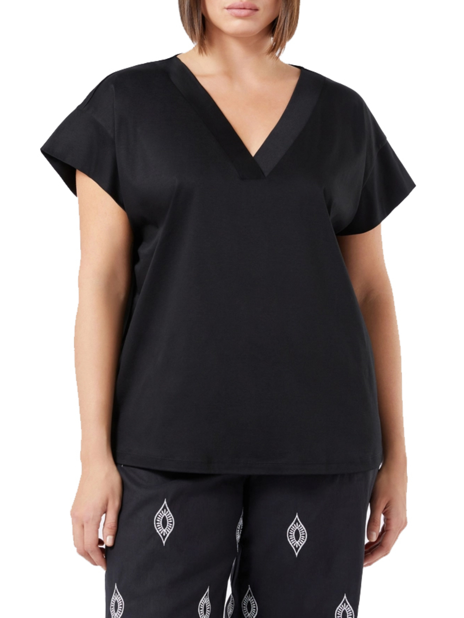 T-SHIRT MANICA CORTA IN JERSEY CON SCOLLO A V DONNA NERO