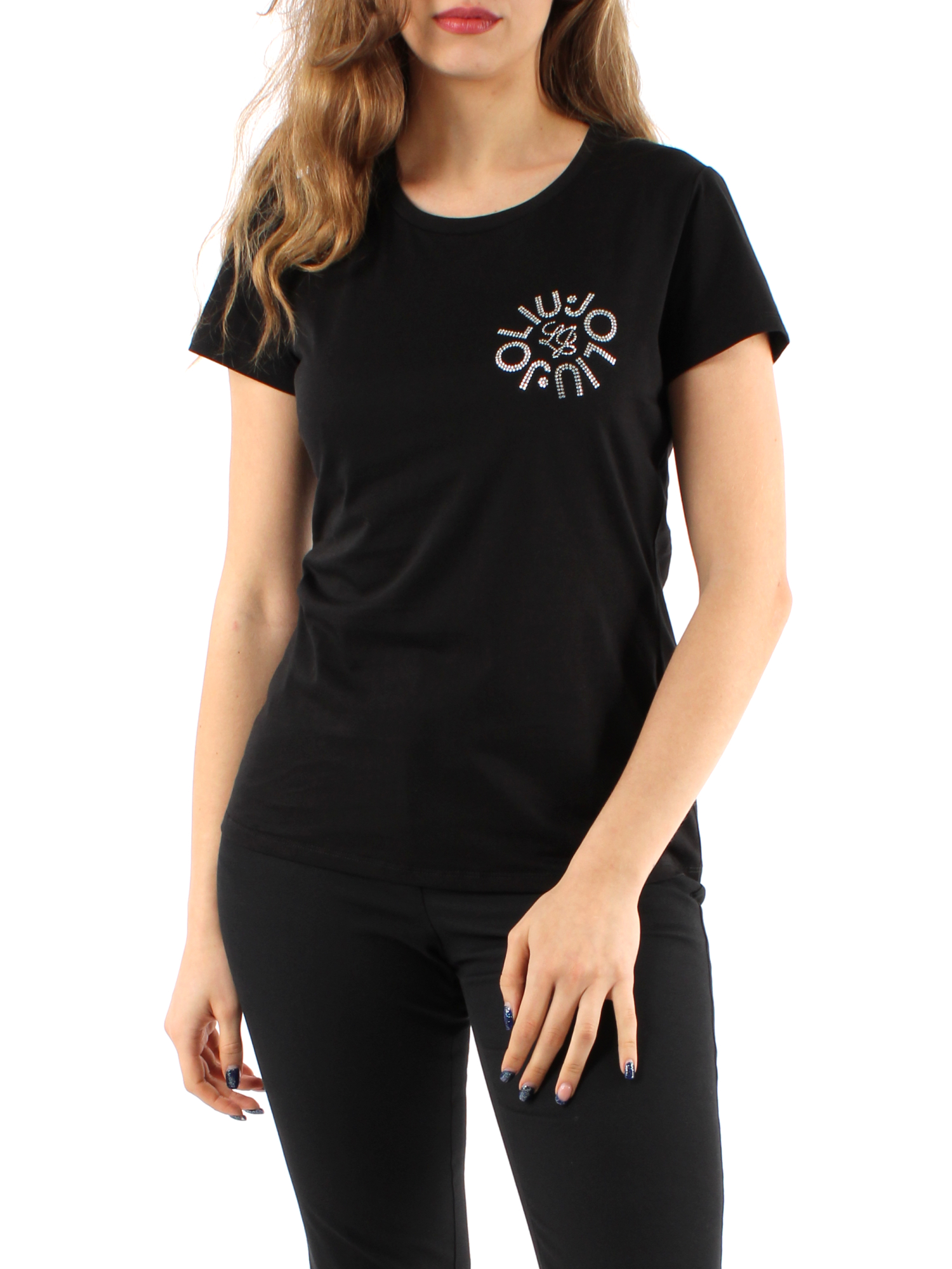 T-SHIRT MANICA CORTA CON LOGO E STRASS DONNA NERO