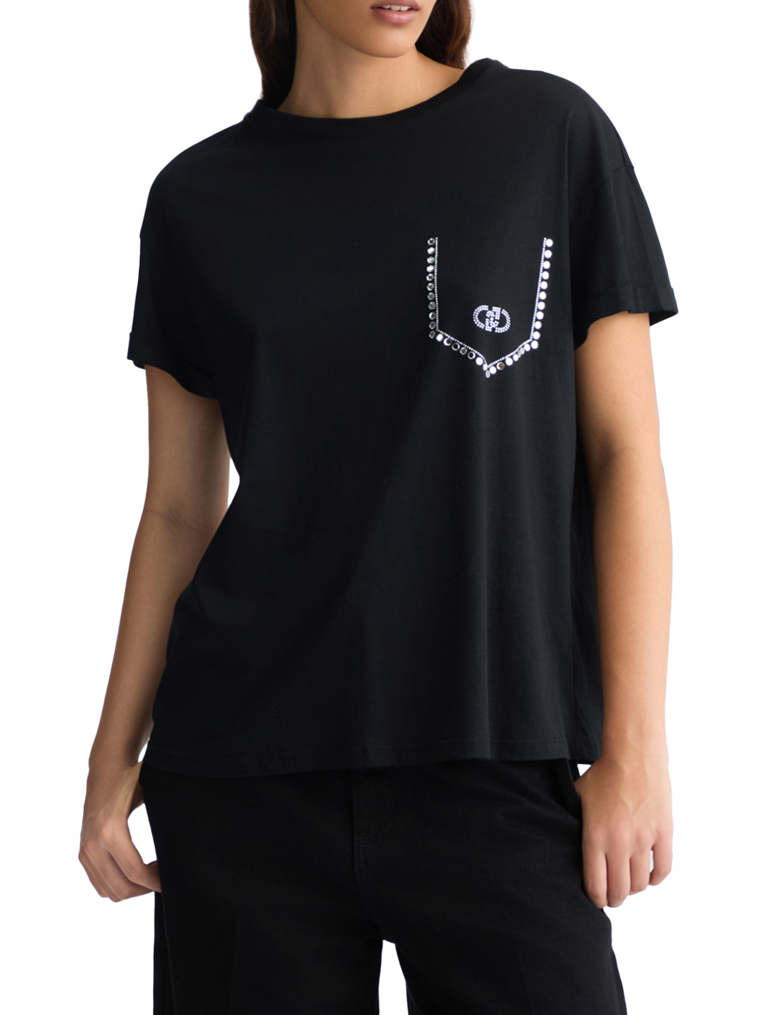 T-SHIRT MANICA CORTA CON STRASS DONNA NERO