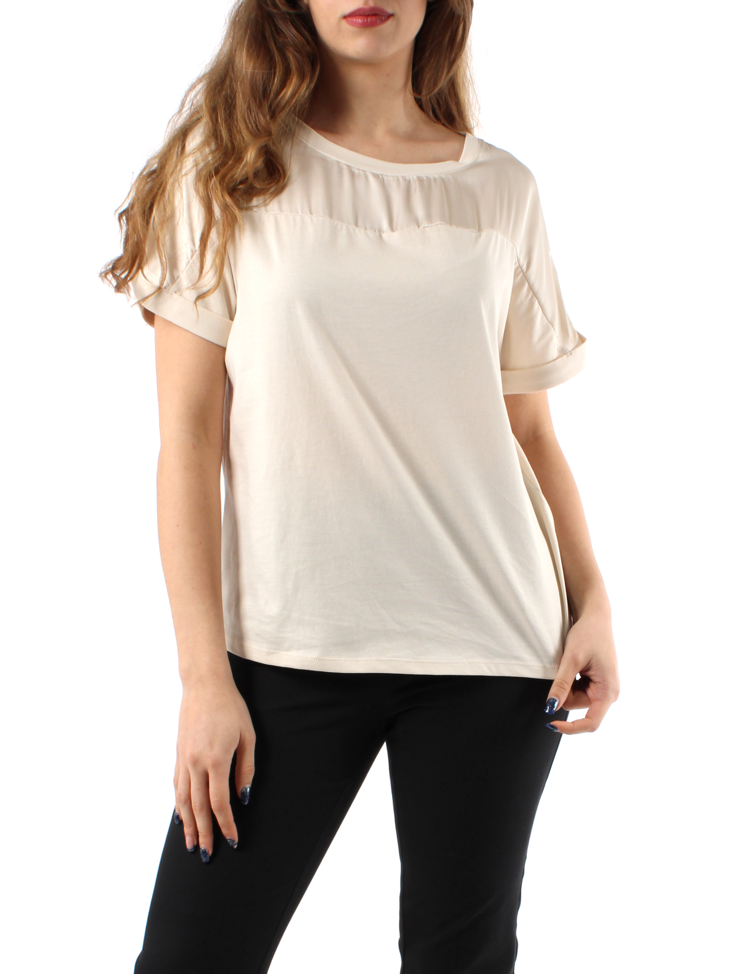 T-SHIRT IN JERSEY CON DETTAGLIO IN GEORGETTE DONNA BEIGE